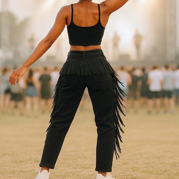 Vintage Denim - Vintage Roughriders by Circle T Black Jeans High Rise Velvet Fringe 28" Waist